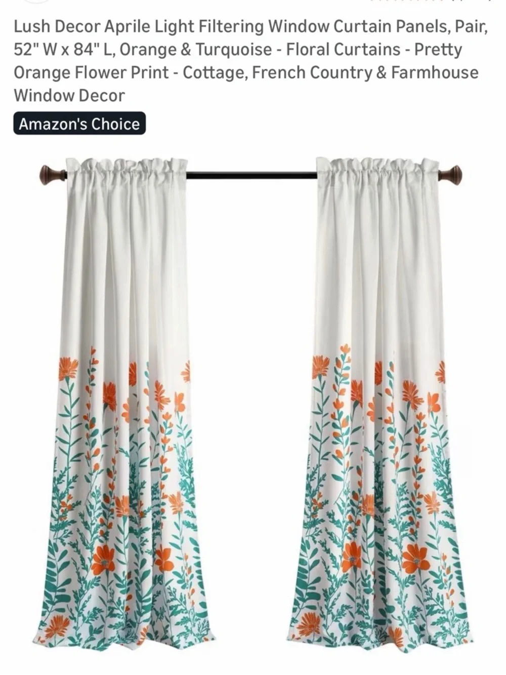 Aprile Floral Light-Filtering Curtain Panels - White with Orange & Turquoise